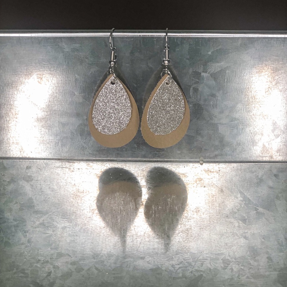 1.5” Tear Drop Glitter and Faux Leather Earrings